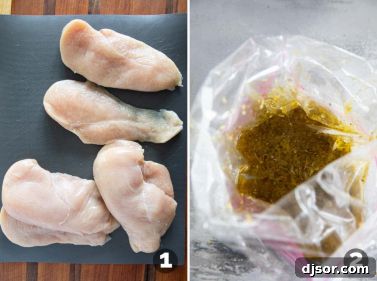 Slicing chicken and making a marinate for Greek Chicken Bowls.