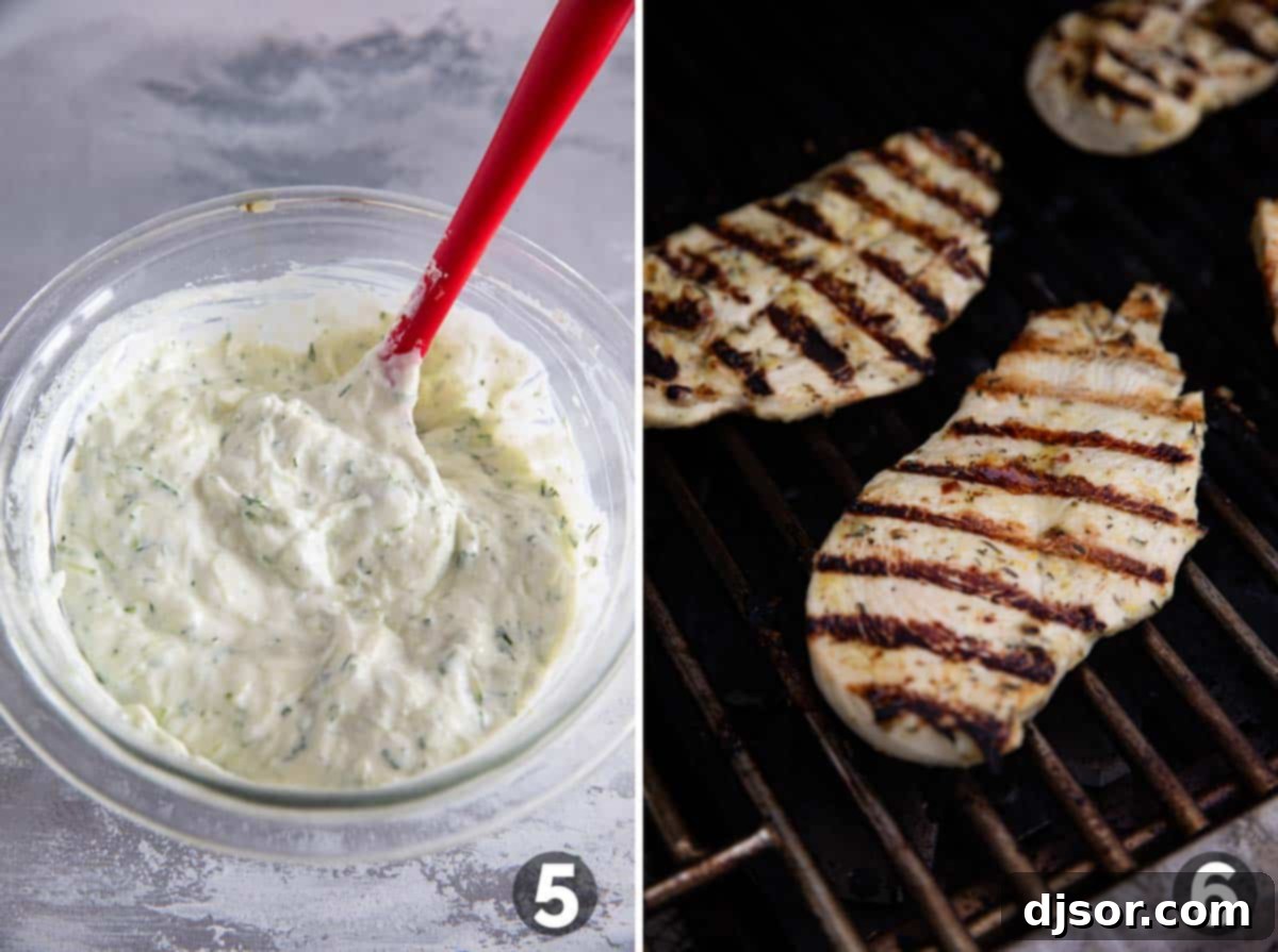 bowl of homemade tzatziki sauce, and grilling chicken on a grill.