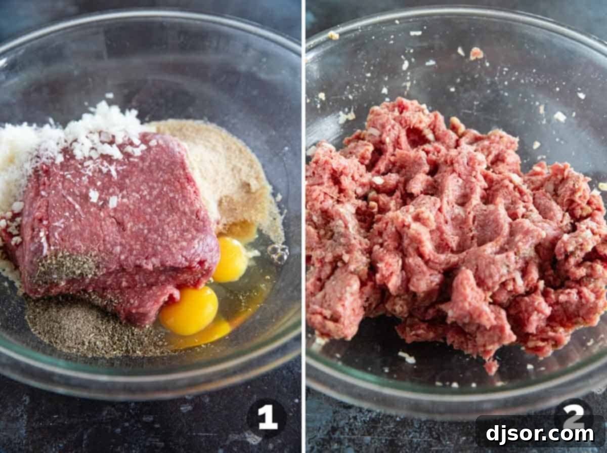 Savory Baked Meatballs 4 A large mixing bowl filled with raw meatball ingredients including ground beef, eggs, breadcrumbs, and seasonings, being combined by hand.