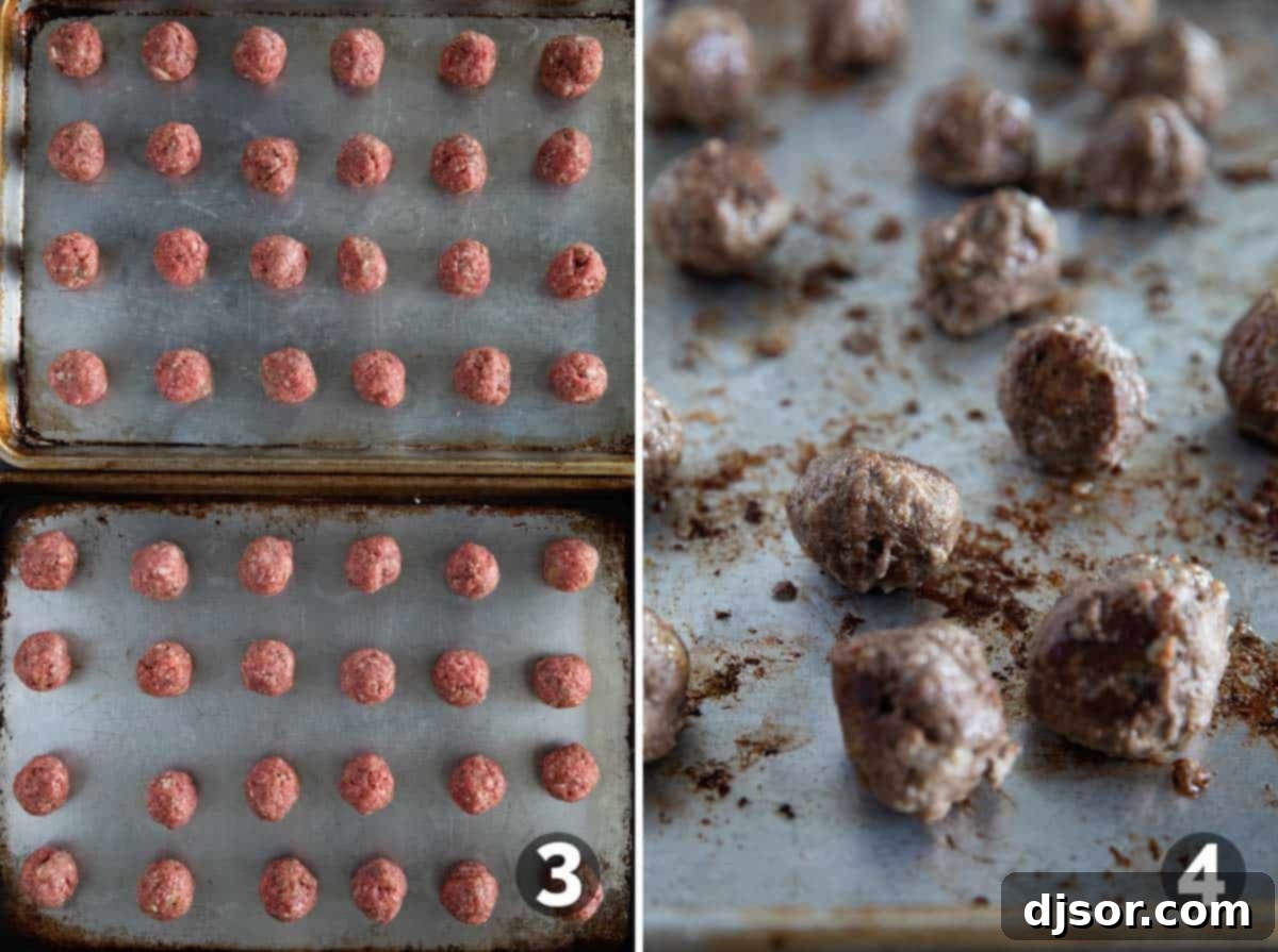 Savory Baked Meatballs 5 Hands shaping meatball mixture into uniform balls on a parchment-lined baking sheet, with more raw meatballs already placed, ready for baking.
