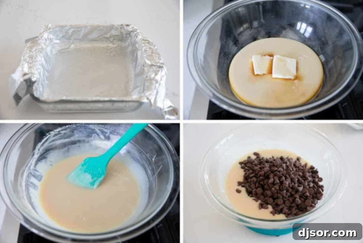 Sweetened condensed milk, butter, and vanilla extract gently melting together in a double boiler, forming the creamy base for Candy Corn Fudge.