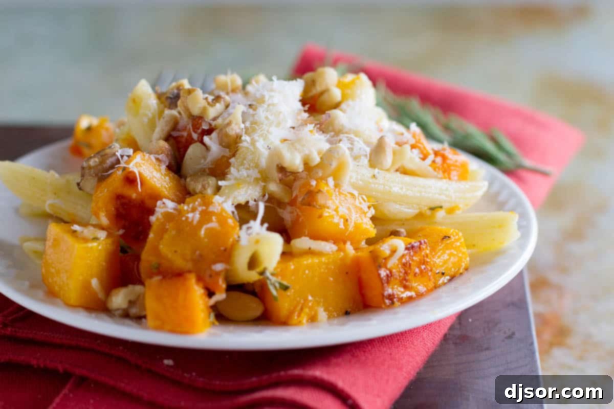 Roasted butternut squash with penne pasta, walnuts, and brown butter.