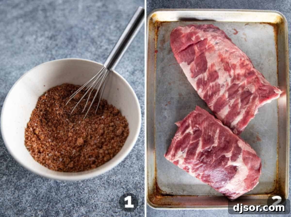 Hands mixing spice rub in a bowl and cutting a rack of pork ribs in half on a cutting board, preparing them for the slow cooker.