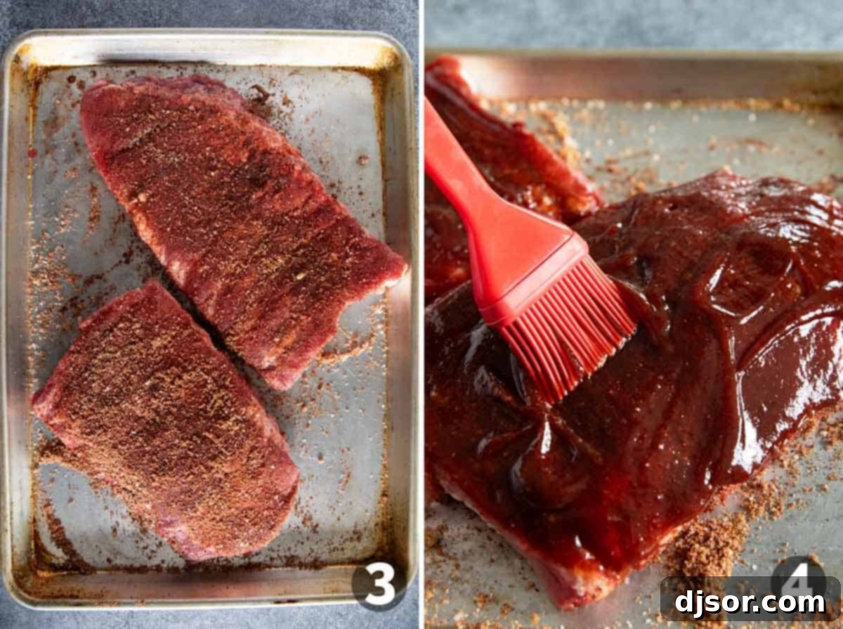 A close-up of a hand generously rubbing a spice mixture onto a rack of pork ribs, followed by another image showing barbecue sauce being brushed over the seasoned ribs.