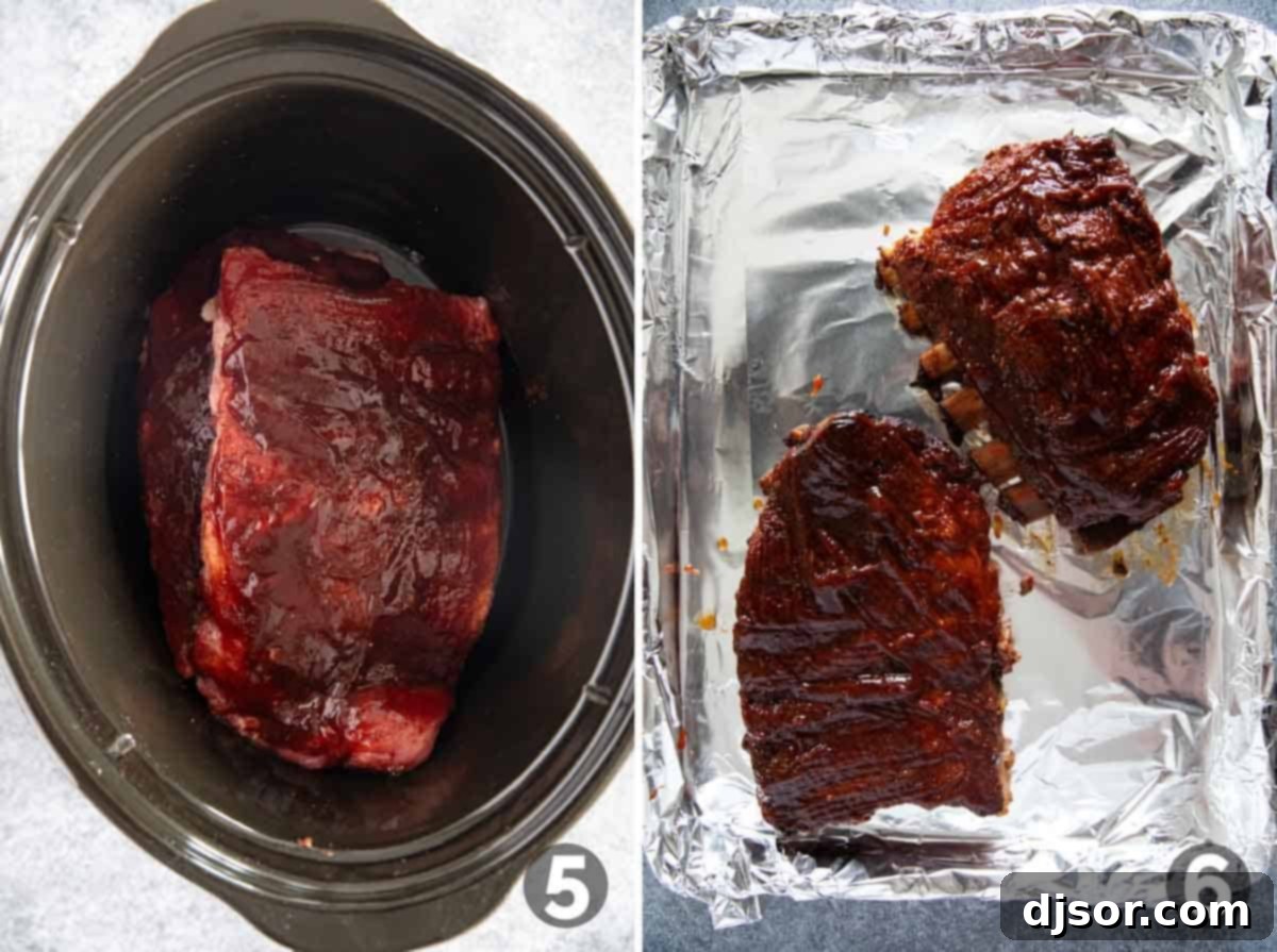 Images showing seasoned BBQ ribs being layered into a slow cooker, then transferred to a foil-lined baking sheet for broiling in the oven.