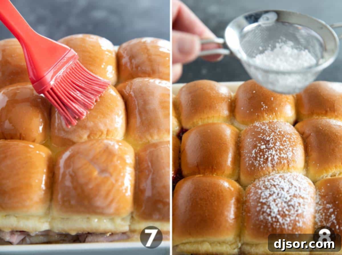 Sweet and Savory Monte Cristo Minis 5 Brushing Monte Cristo Sliders with butter, then dusting with powdered sugar.