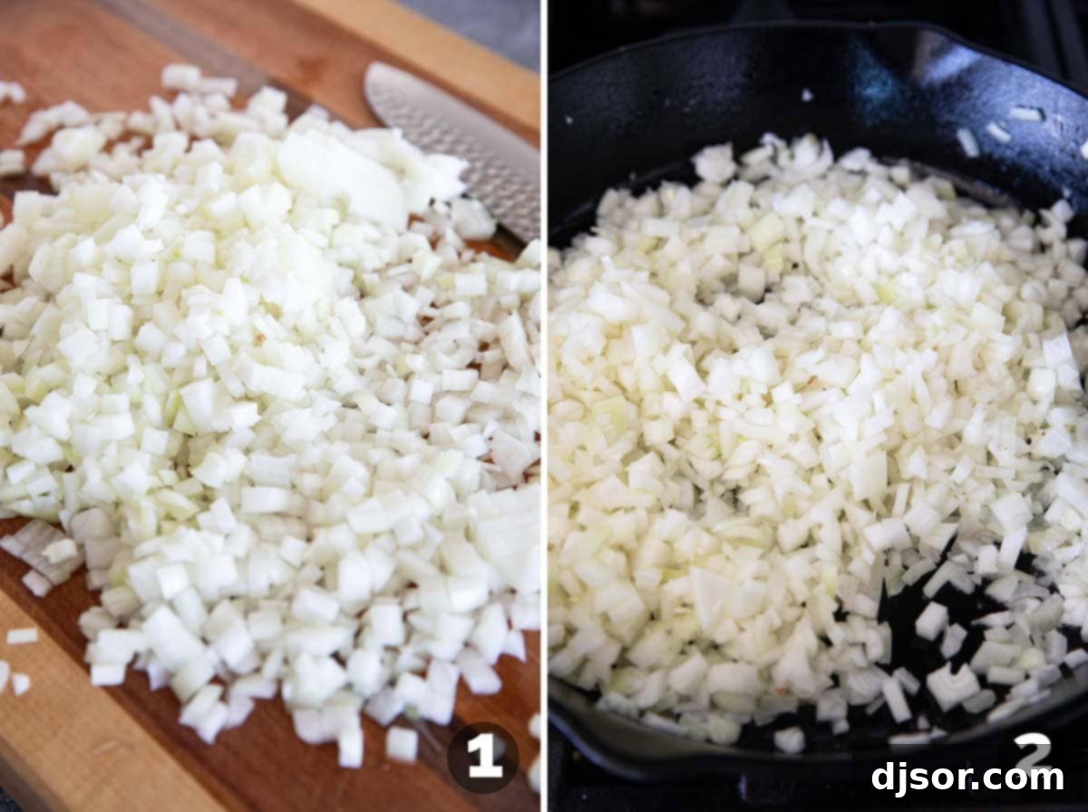 A two-part image showing onions being diced and then cooking down to golden perfection in a cast iron skillet for the French Onion Dip.