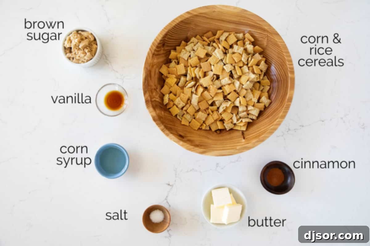A vibrant flat lay photo displaying all the fresh, high-quality ingredients ready to make the Cinnamon Caramel Snack Mix, neatly arranged on a rustic surface.