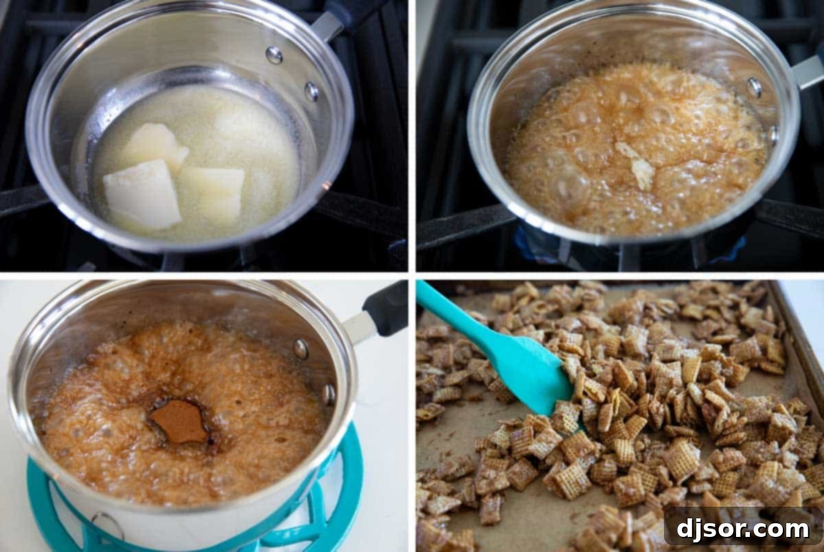 A step-by-step visual guide showing the process of making Cinnamon Caramel Snack Mix, from combining ingredients to coating the cereal.