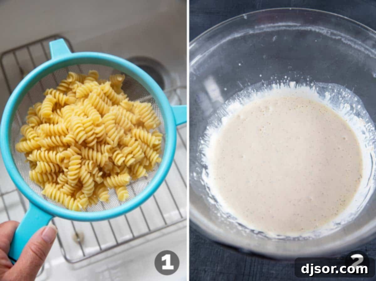 Briny Burst Pasta Salad 4 Step-by-step process of cooking pasta and mixing dressing ingredients for Dill Pickle Pasta Salad.