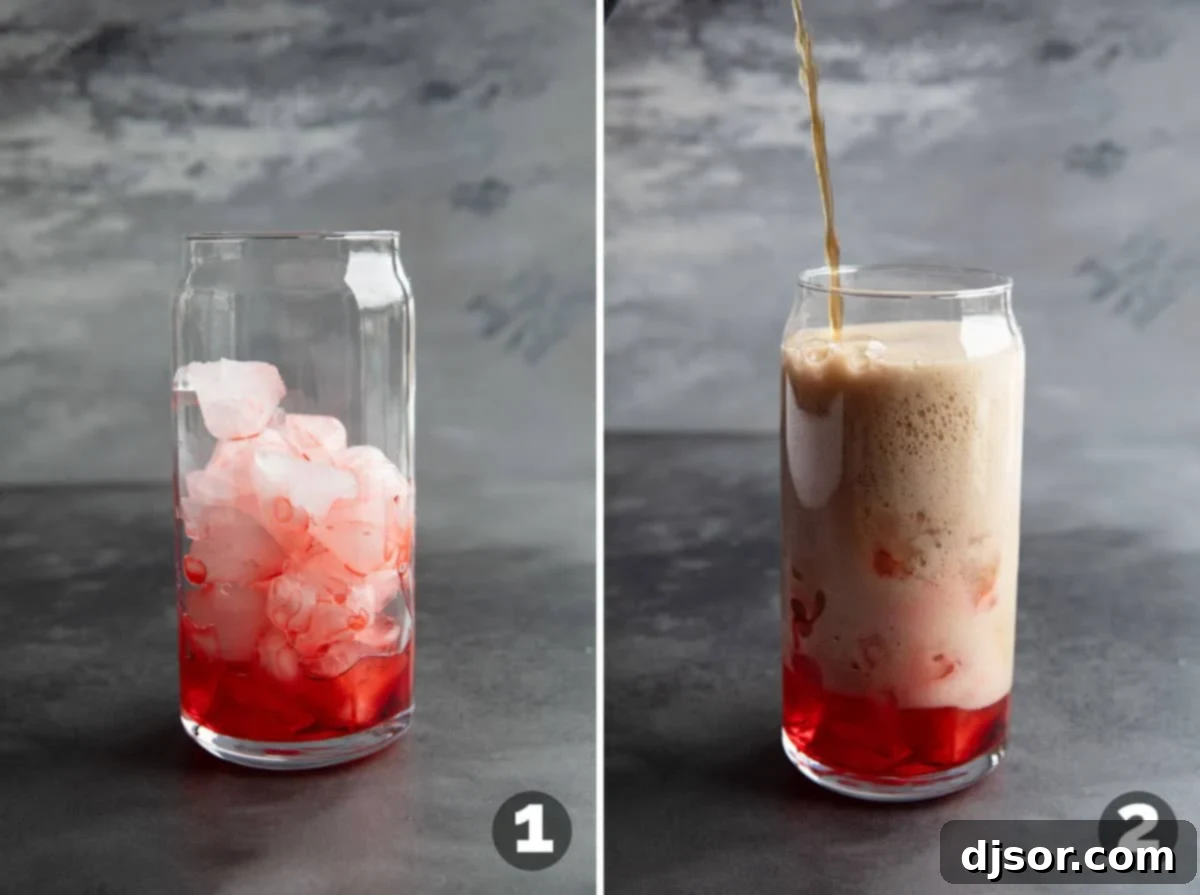 Step-by-step assembly of a Roy Rogers Drink, showing ice, grenadine, and cola being added to a glass.