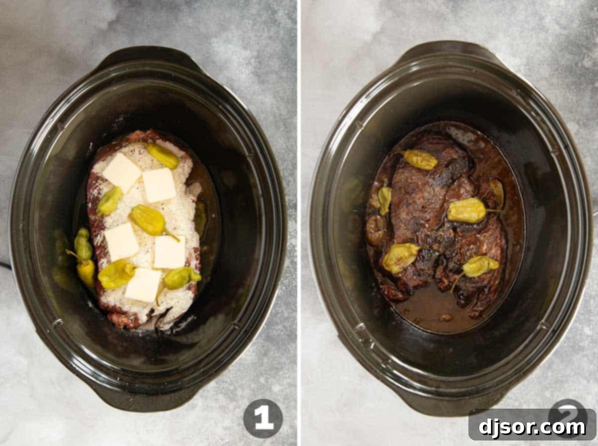 Mississippi Magic Pot Roast 4 Sequential steps illustrating how to prepare Mississippi Pot Roast in a slow cooker.