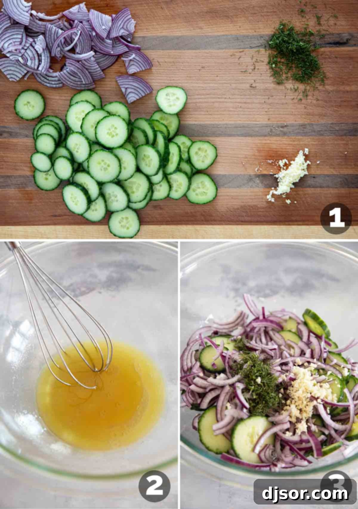 Refreshing Cucumber and Onion Salad 4 Steps to make Cucumber Onion Salad, including chopping vegetables, making dressing, and mixing together.