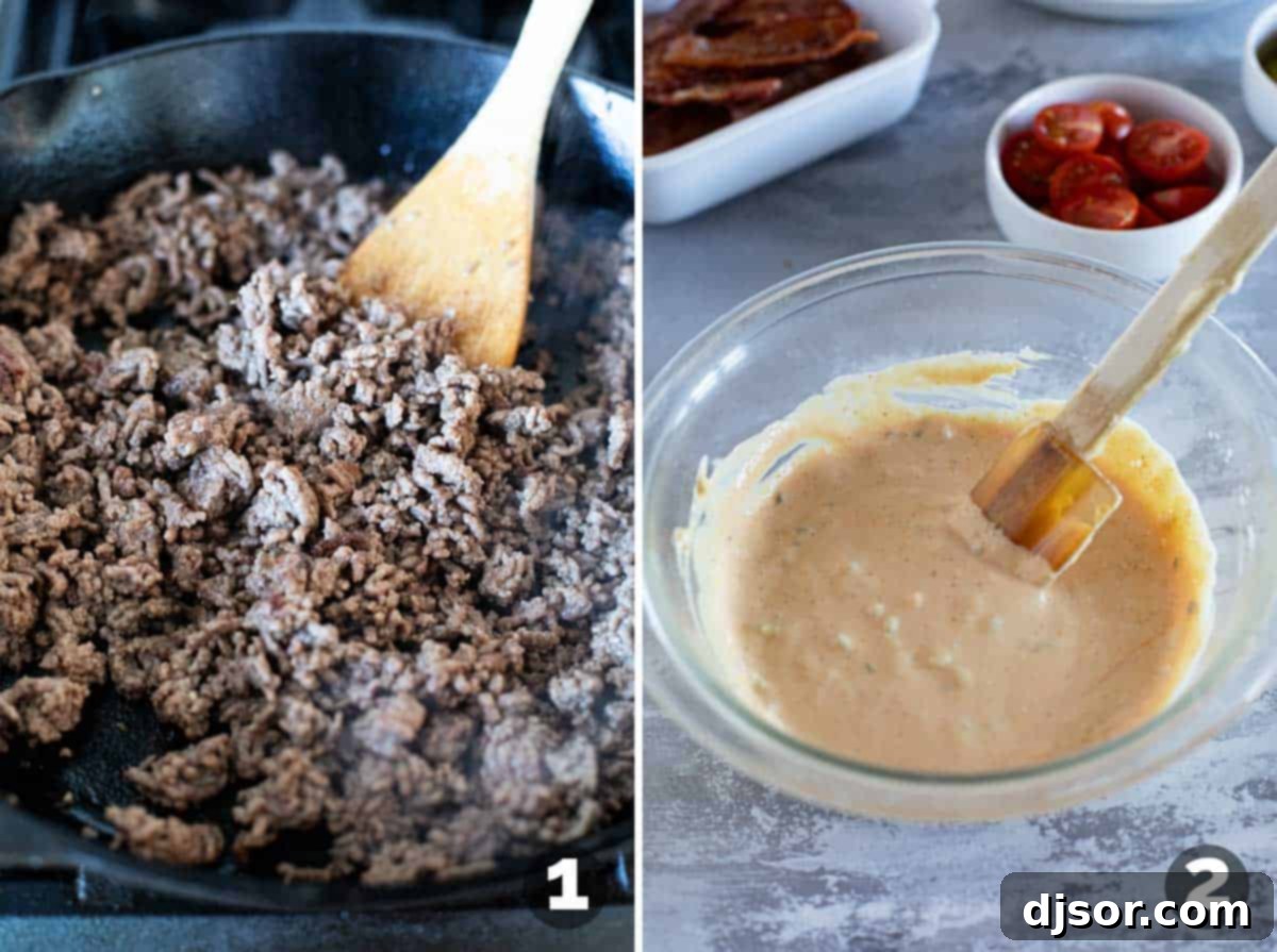 Stages of making Burger Bowls: Cooking ground beef in a skillet and mixing ingredients for the special sauce in a bowl.