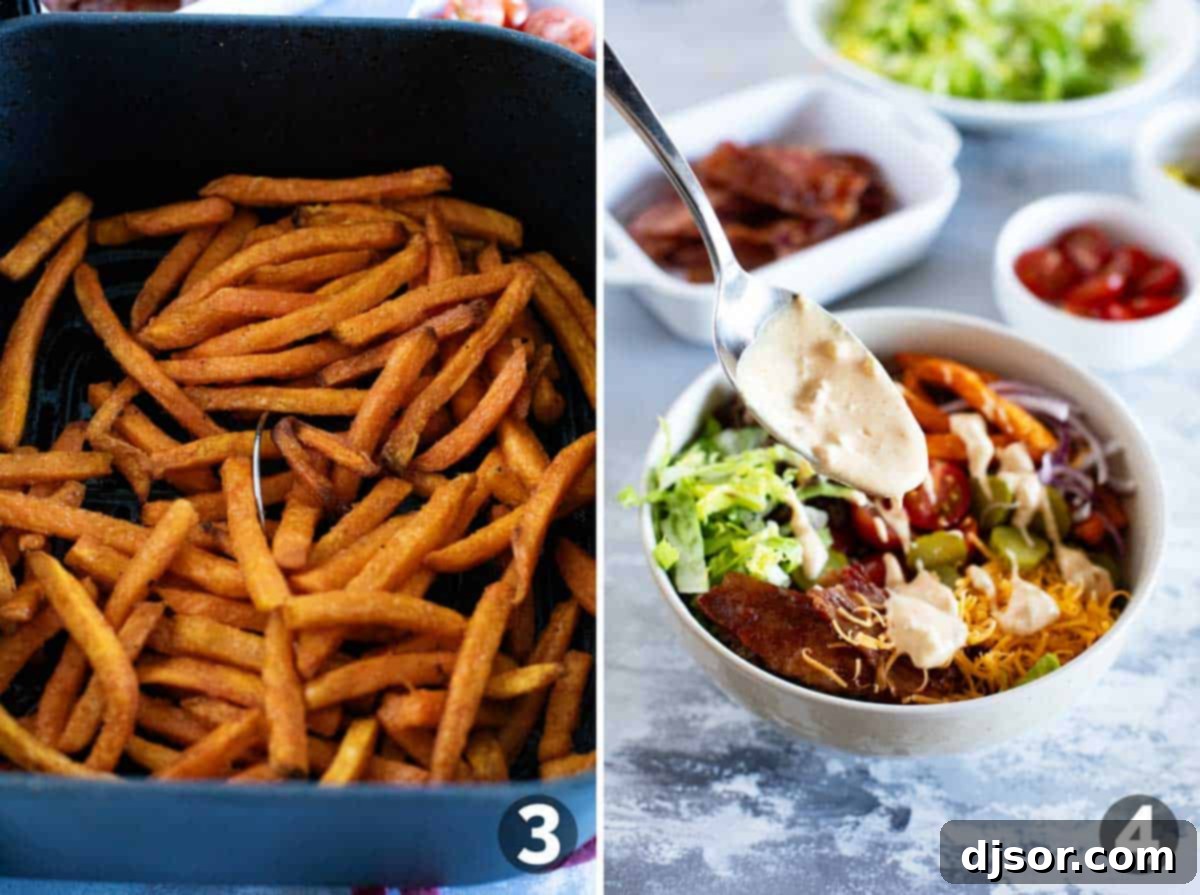 Stages of making Burger Bowls: Cooking sweet potato fries to crispy perfection and drizzling homemade special sauce generously over an assembled burger bowl.