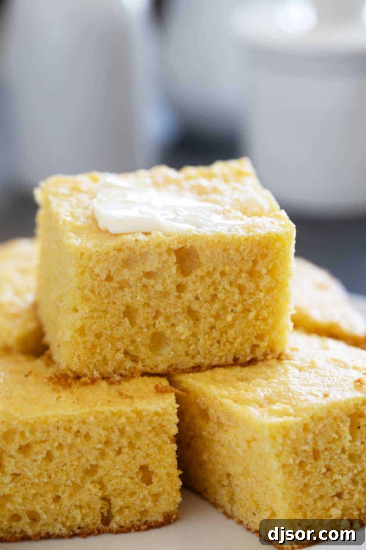 Slices of sour cream cornbread stacked on each other, showcasing its moist texture.