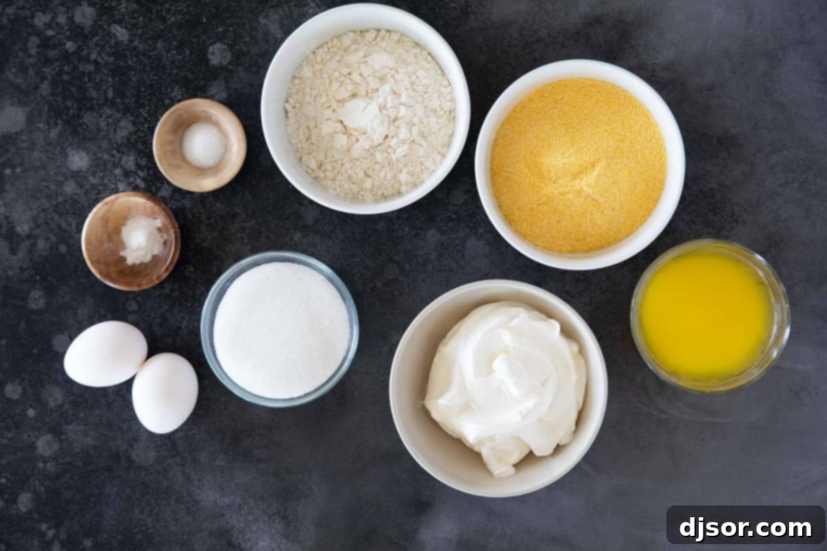 All the essential ingredients neatly laid out for making the perfect Sour Cream Cornbread.