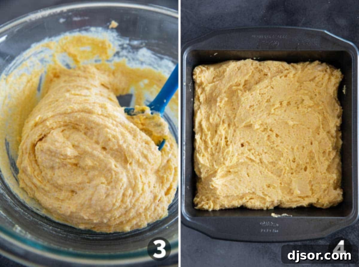 Pouring the cornbread batter into a baking dish for baking.