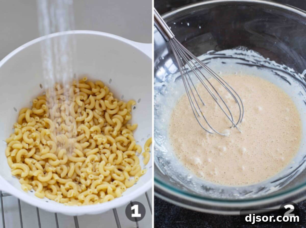 Creamy Macaroni Delight 4 Process images showing cooked pasta being rinsed and dressing ingredients being whisked in a bowl for Macaroni Salad.