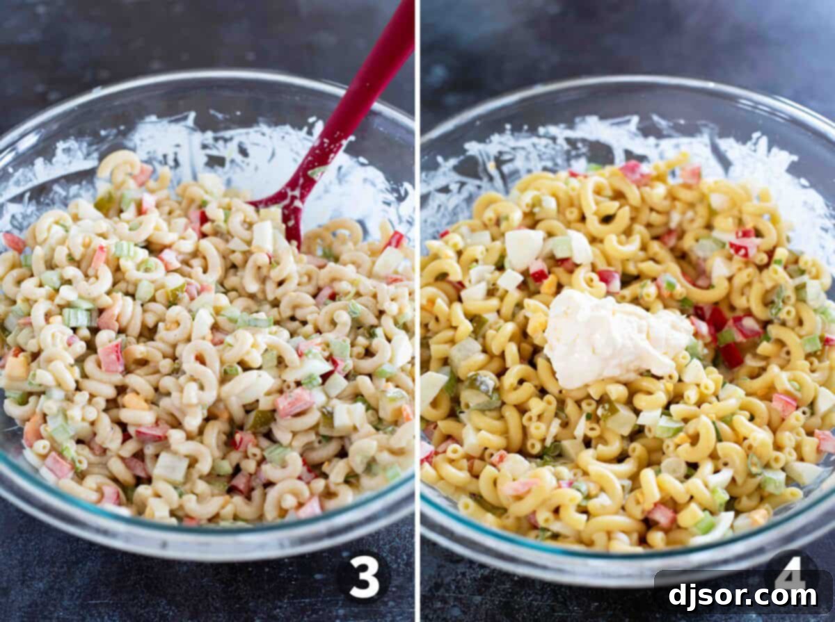 Creamy Macaroni Delight 5 Images showing the process of mixing macaroni salad ingredients in a bowl and then adding the final touch of mayonnaise.