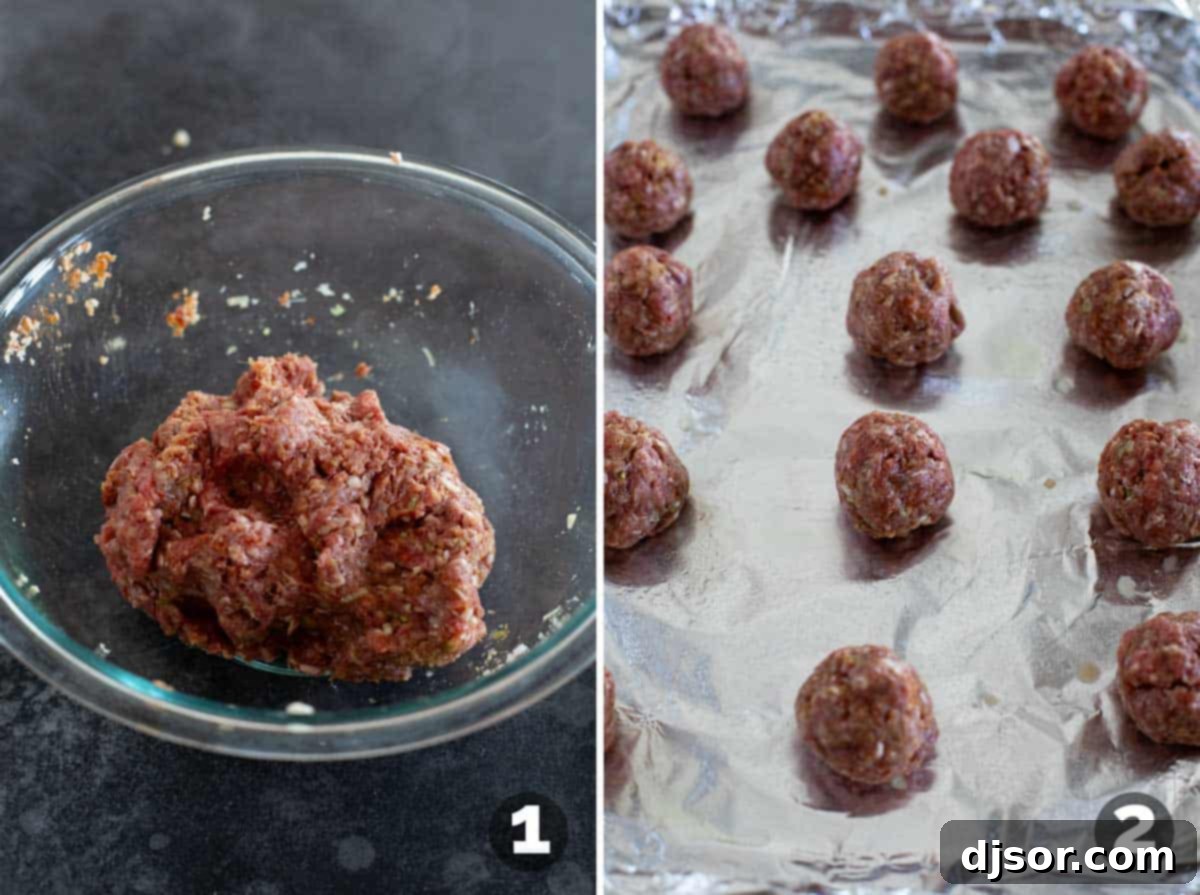 Mixing meatball ingredients and forming into meatballs.