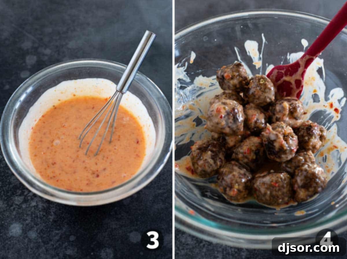 Making firecracker sauce and mixing sauce over baked meatballs.