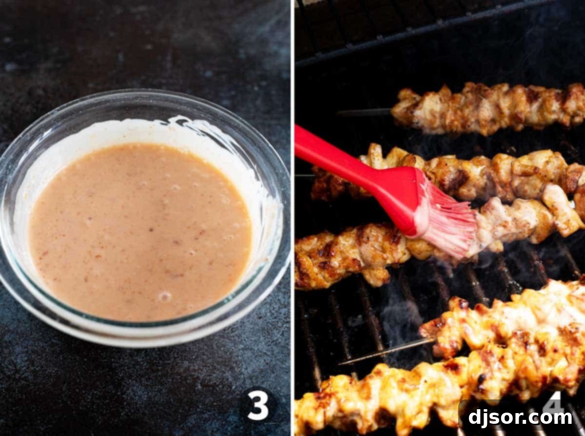 Ultimate Bang Bang Chicken Skewers 5 Ingredients for Bang Bang sauce being mixed in a bowl, and the sauce being brushed onto grilling chicken skewers.