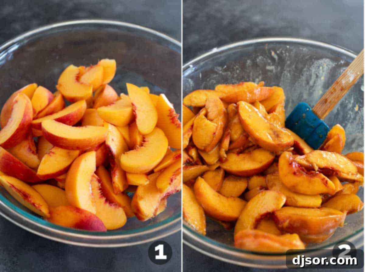 Sliced peaches mixed with brown sugar, cornstarch, and spices in a large bowl, forming the filling for peach dump cake.