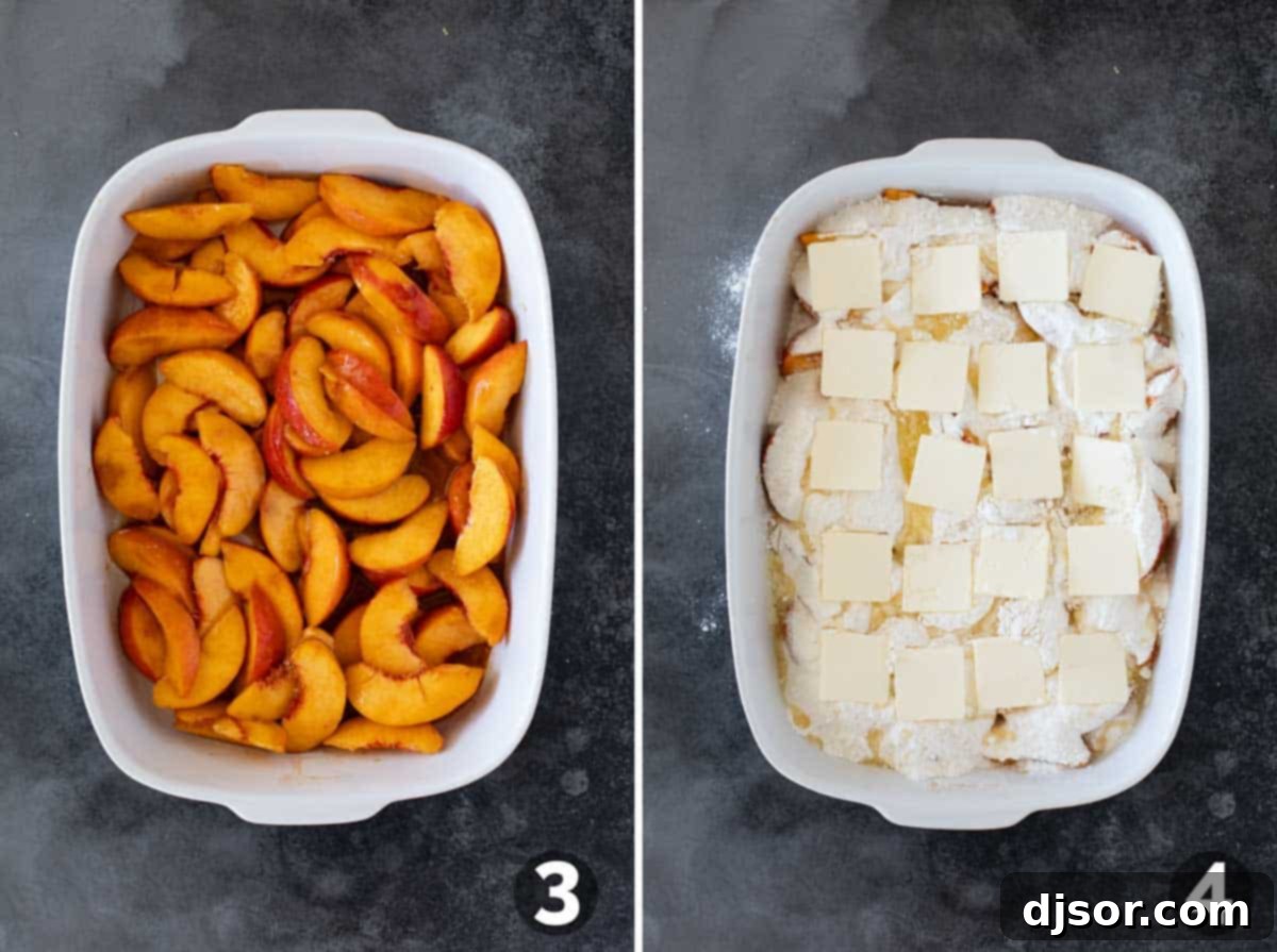 Peach filling spread evenly in a 9x13 inch glass baking dish, ready for the cake mix and butter.