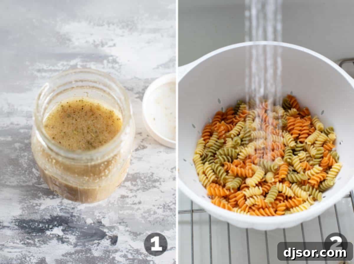 Homemade Italian salad dressing, and rinsing pasta with water.