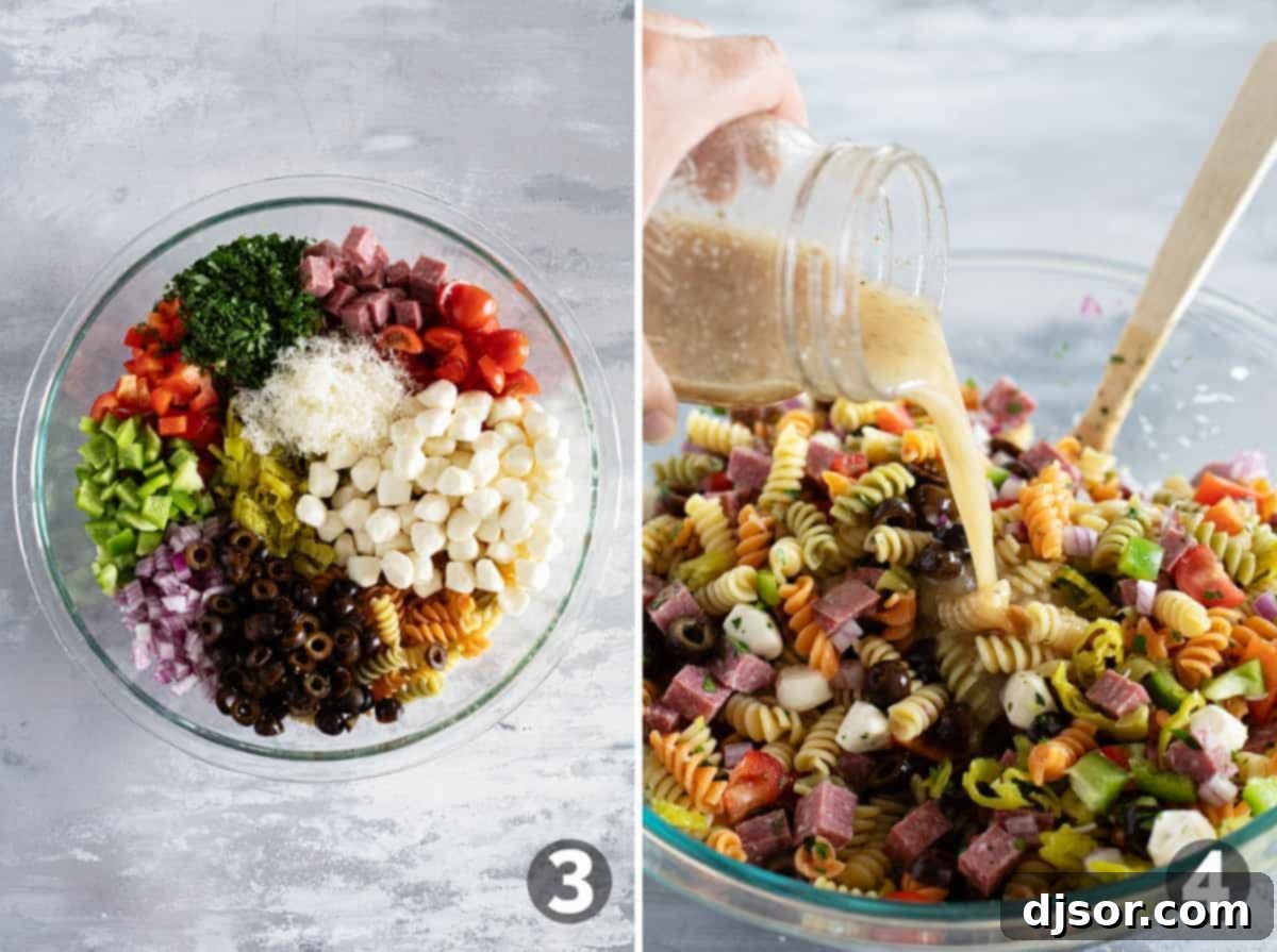 Combining ingredients for Italian Pasta Salad and adding dressing.