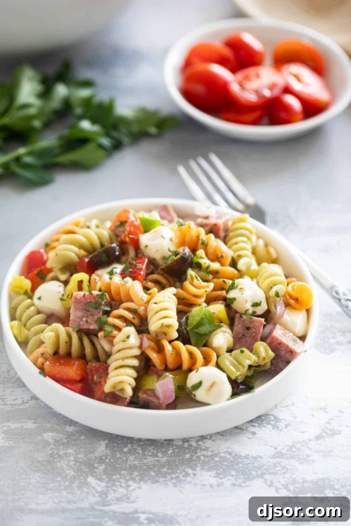 Serving of Italian Pasta Salad on a small plate.