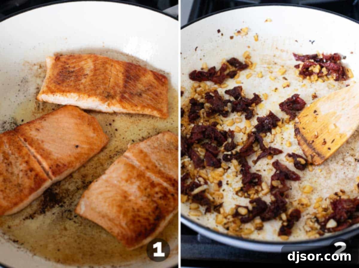 Cooking salmon in a skillet and sautéing onions and sun-dried tomatoes.