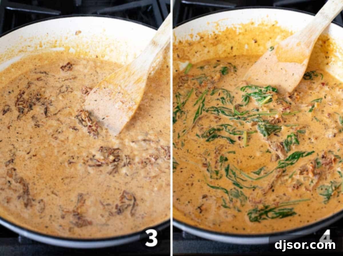 Creamy Tuscan sauce with sun-dried tomatoes and spinach simmering in a skillet.