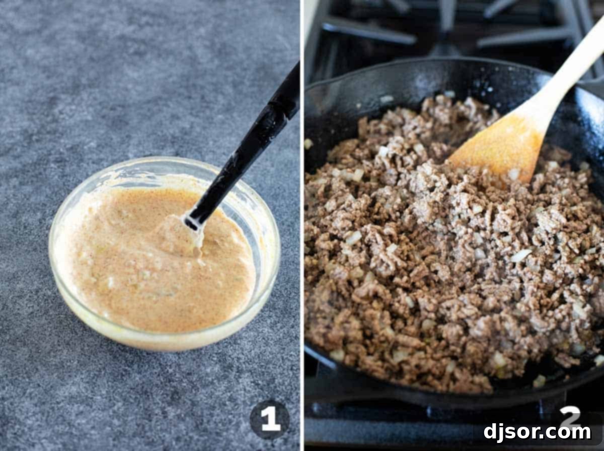 Making special sauce and browning ground beef with onions.