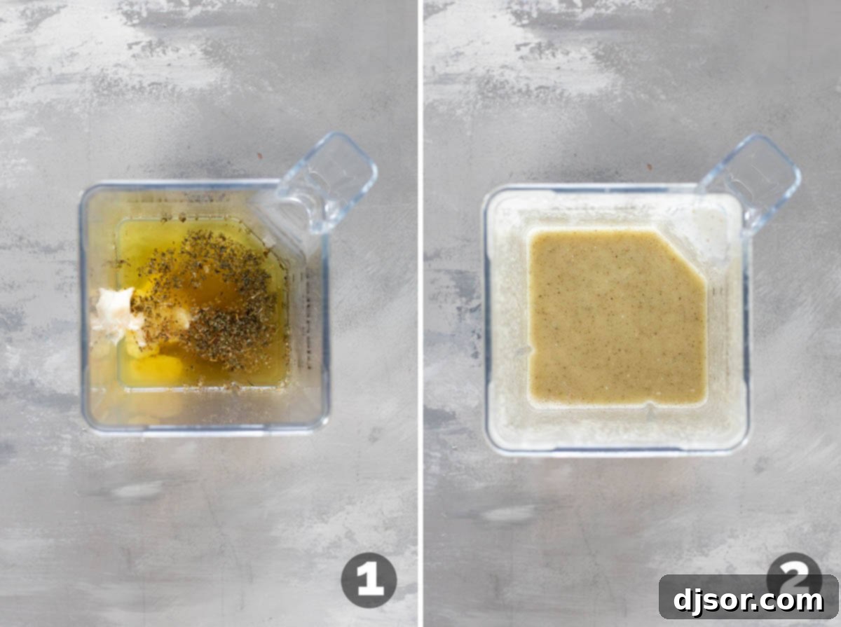 Blender mixing all ingredients for homemade Olive Garden Salad Dressing to a creamy consistency, showing the smooth, light green mixture.