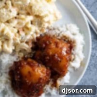 overhead view. of Shoyu Chicken with Hawaiian Macaroni Salad