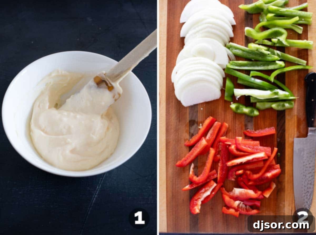 Ultimate Chicken Cheesesteak 4 Making garlic mayonnaise and slicing vegetables.