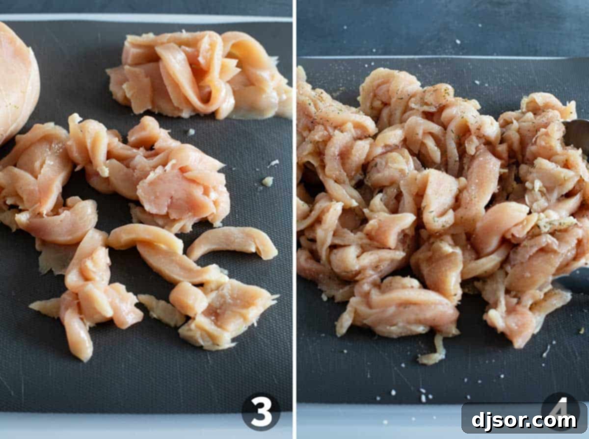 Ultimate Chicken Cheesesteak 5 Cutting and seasoning chicken for Chicken Cheesesteak Sandwiches.