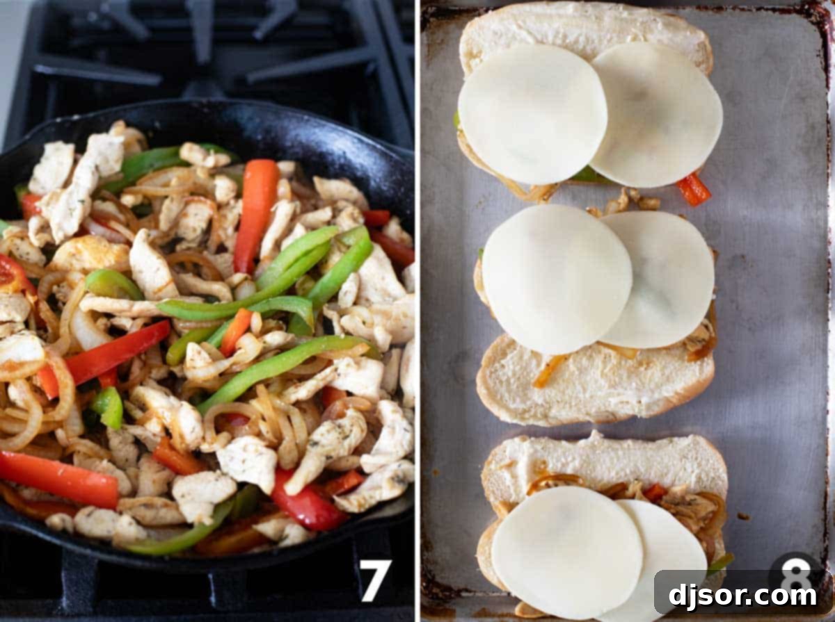 Ultimate Chicken Cheesesteak 7 Combining filling for Chicken Cheesesteak Sandwiches and assembling the sandwiches.