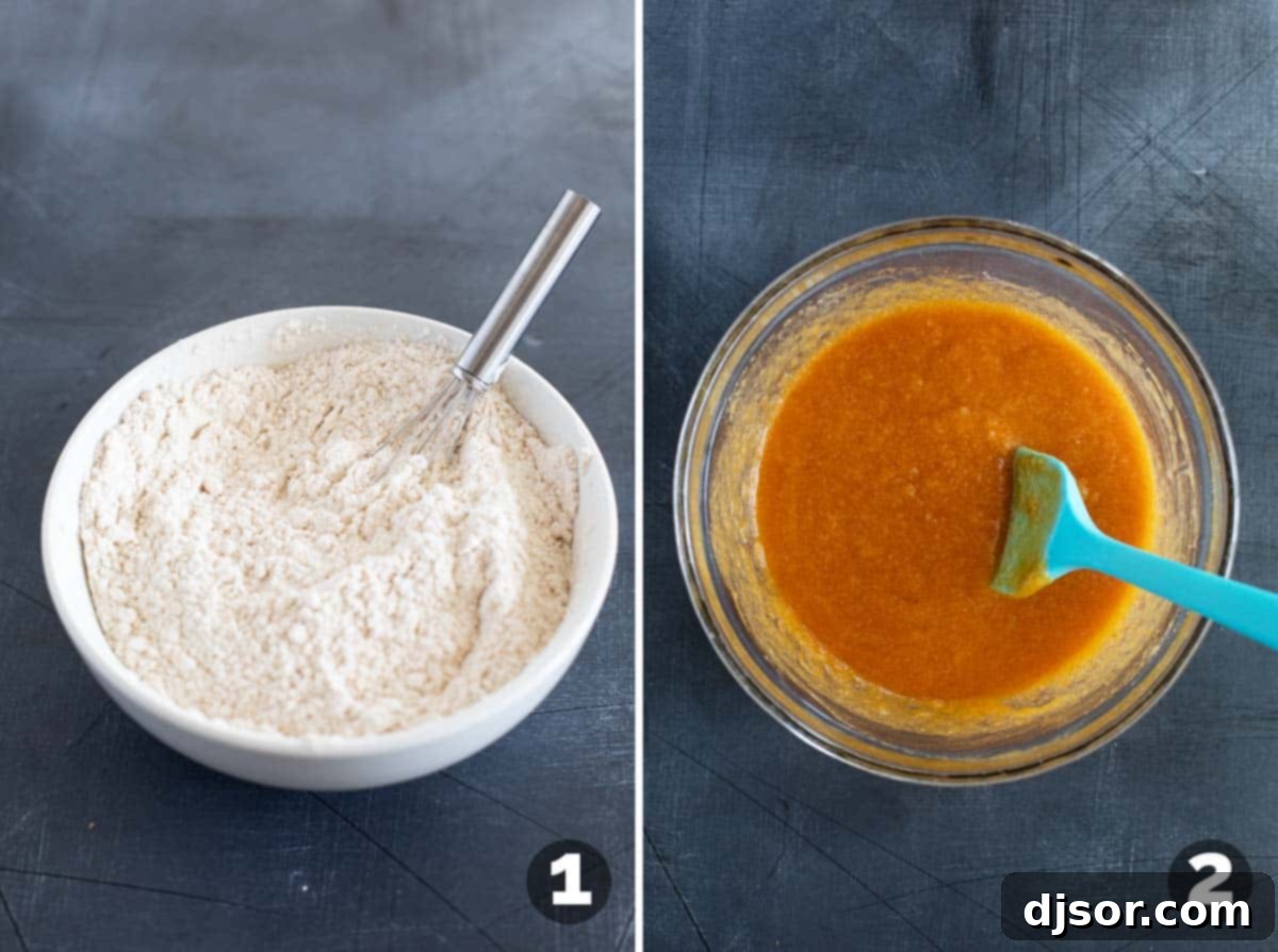 Chocolate Chip Pumpkin Bread 4 A bowl with dry ingredients being mixed, and another bowl with wet ingredients for pumpkin chocolate chip bread, showing the process of combining.