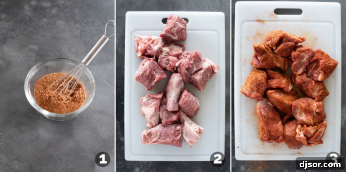 Making spice mixture and adding to pork.