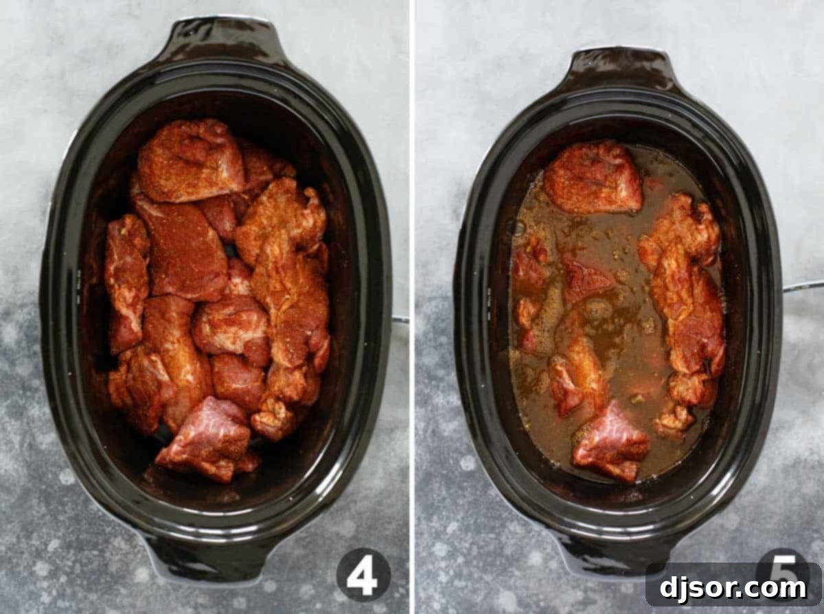 Placing pork in slow cooker and adding liquid.