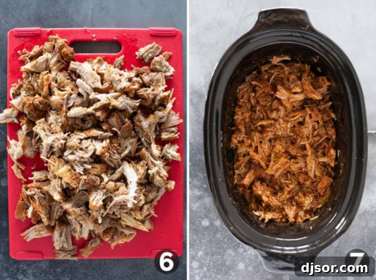 Shredding sweet pork and adding back to slow cooker with more sauce.