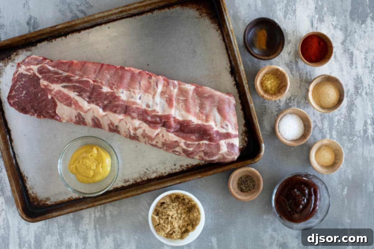 Slow-Smoked Ribs 3 Ingredients to make Smoked Ribs laid out on a table.