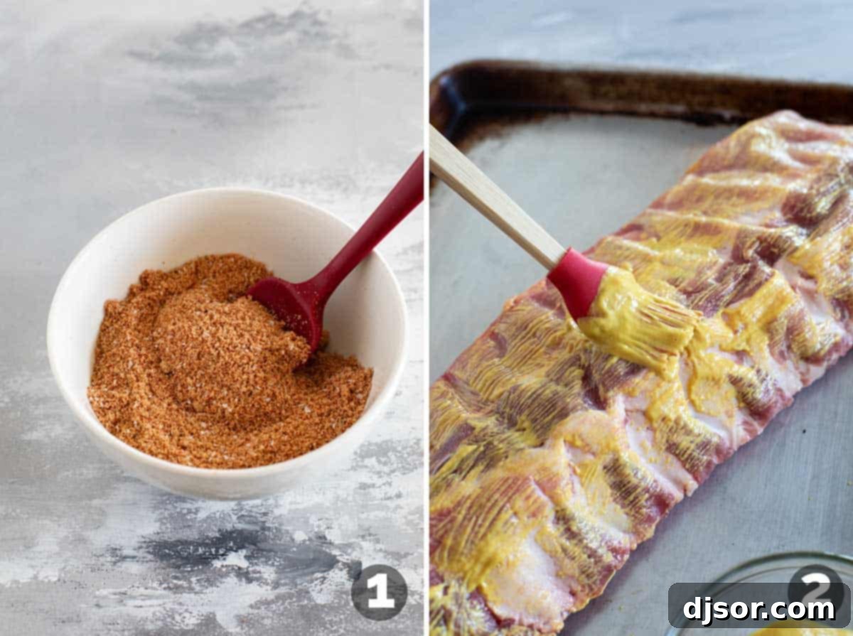 Slow-Smoked Ribs 4 A close-up of mixing spices and brown sugar for a rub, and then brushing yellow mustard onto a rack of raw ribs.