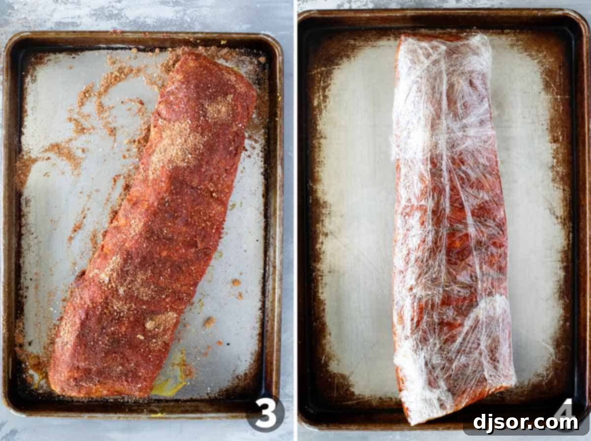 Slow-Smoked Ribs 5 Applying spice rub to ribs, then wrapping them tightly in plastic wrap for chilling.