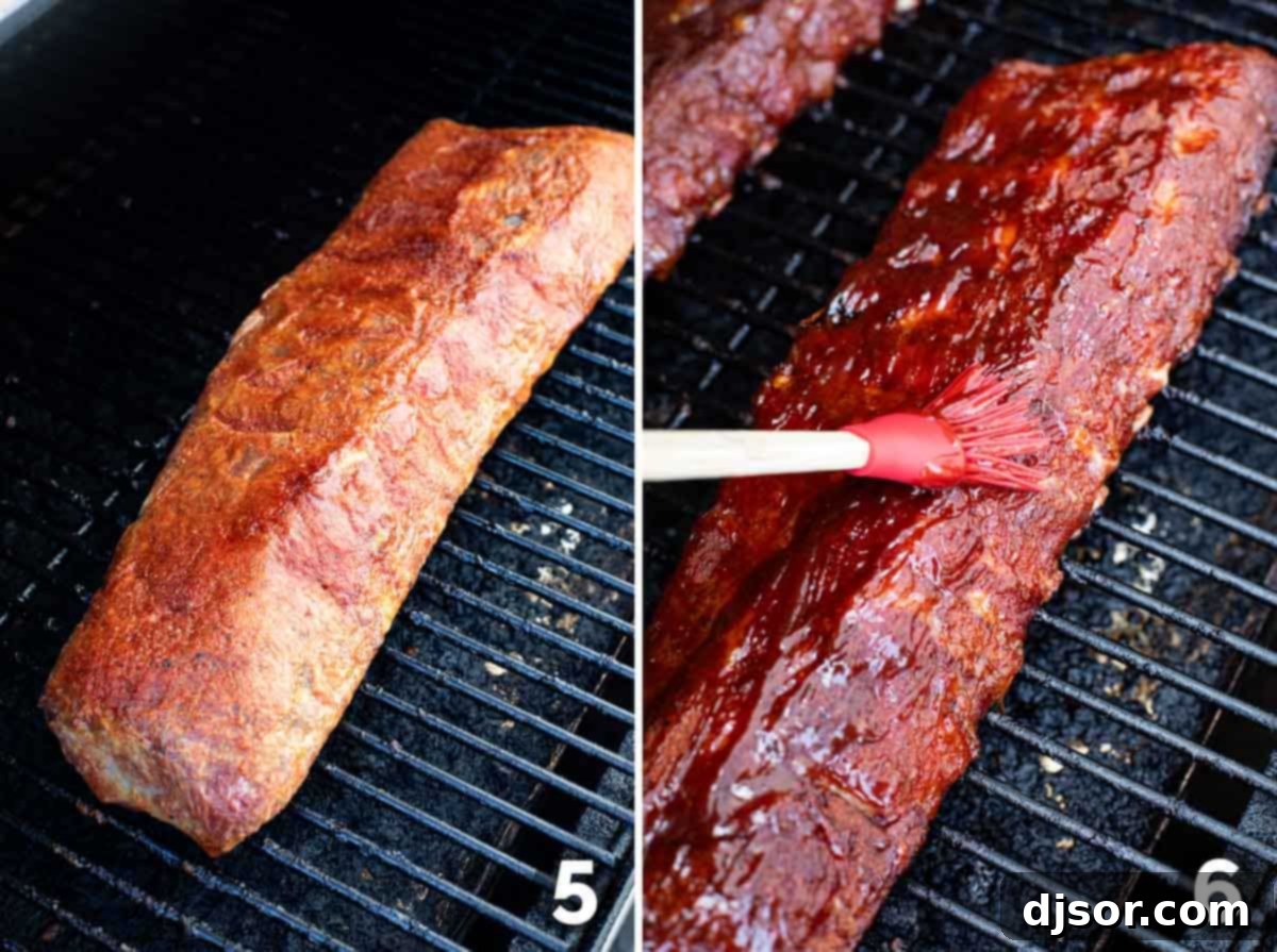 Slow-Smoked Ribs 6 Smoked Ribs cooking on a smoker, and then being brushed with barbecue sauce before finishing.