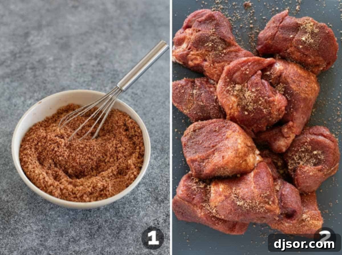 A two-part image showing, first, a bowl of mixed seasoning for pulled pork, and second, pork chunks being coated with the spice rub by hand.