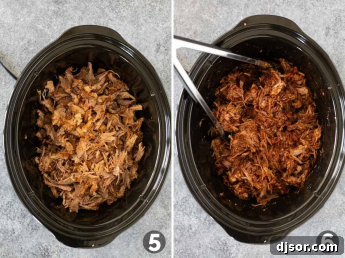A two-part image demonstrating the final steps: shredded pork being returned to the slow cooker, and then BBQ sauce being poured over it for mixing.